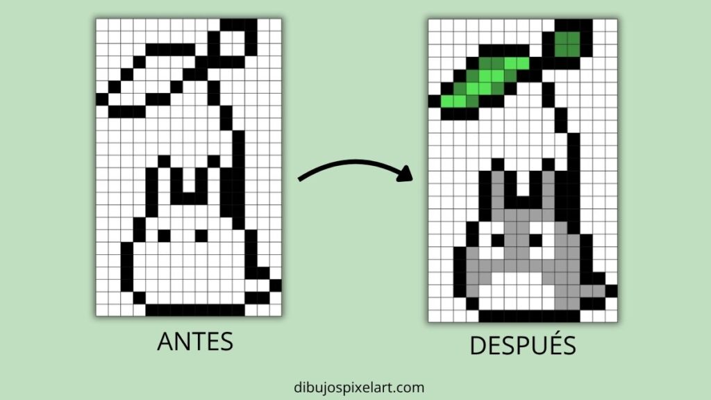 Comparativa antes y después: plantilla pixel art de Totoro en blanco para colorear y versión coloreada completa
